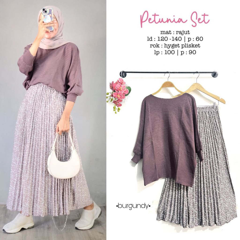Petunia baju setelan one set rok plisket  blouse kaos rajut wanita muslim jumbo ld 120 – 140 kekinia