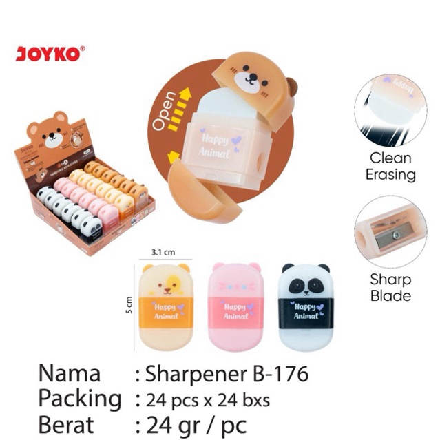 

( 1 pcs ) B-176 Happy Animal Sharpener + Eraser 2 in 1 / Joyko Penghapus Pencil Karet dan Rautan Lucu No dust B176