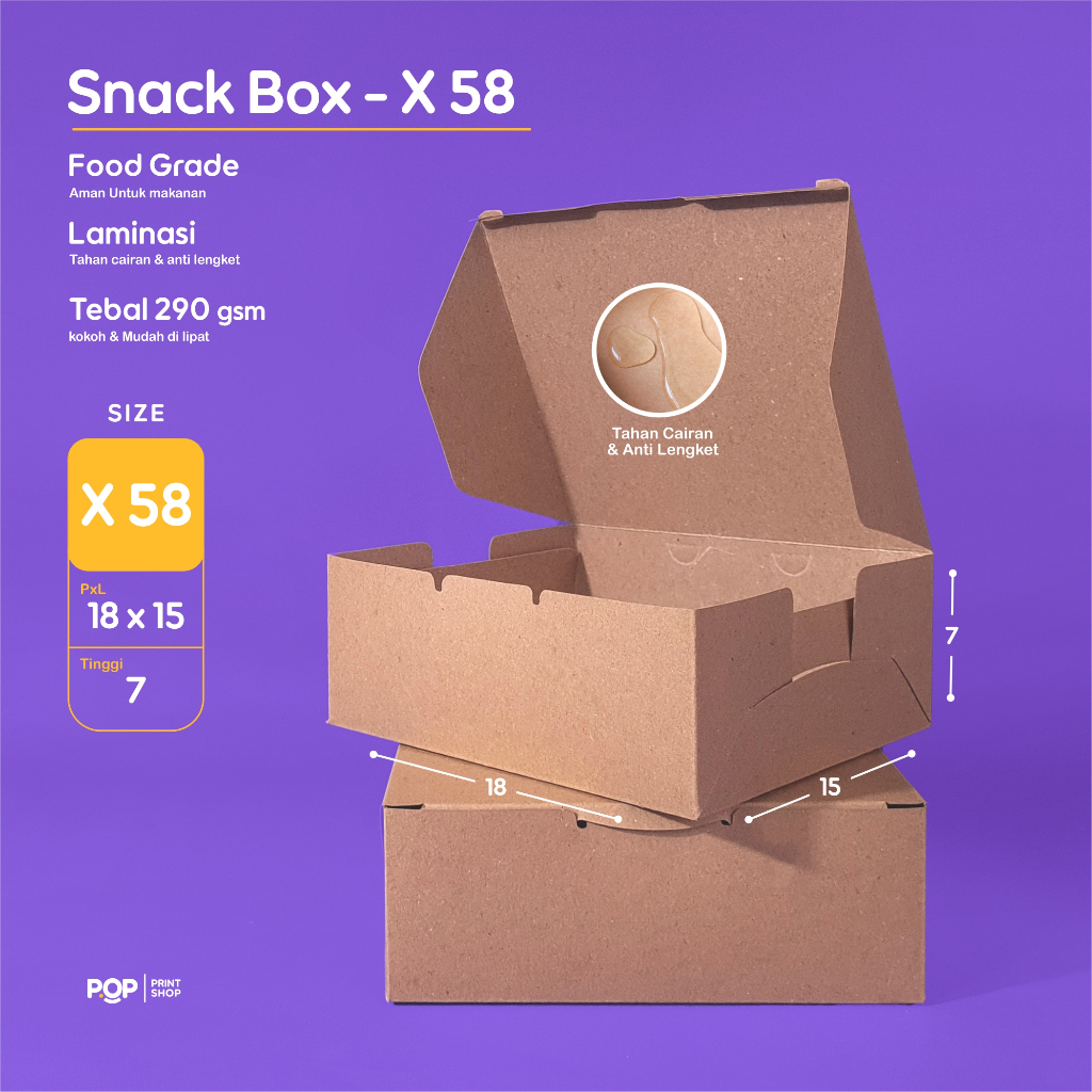 Snack Box 18x15x7 Bahan Kertas Kraft Coklat 290gsm  | Full Laminasi Tahan Air & Minyak | Kotak Kue |