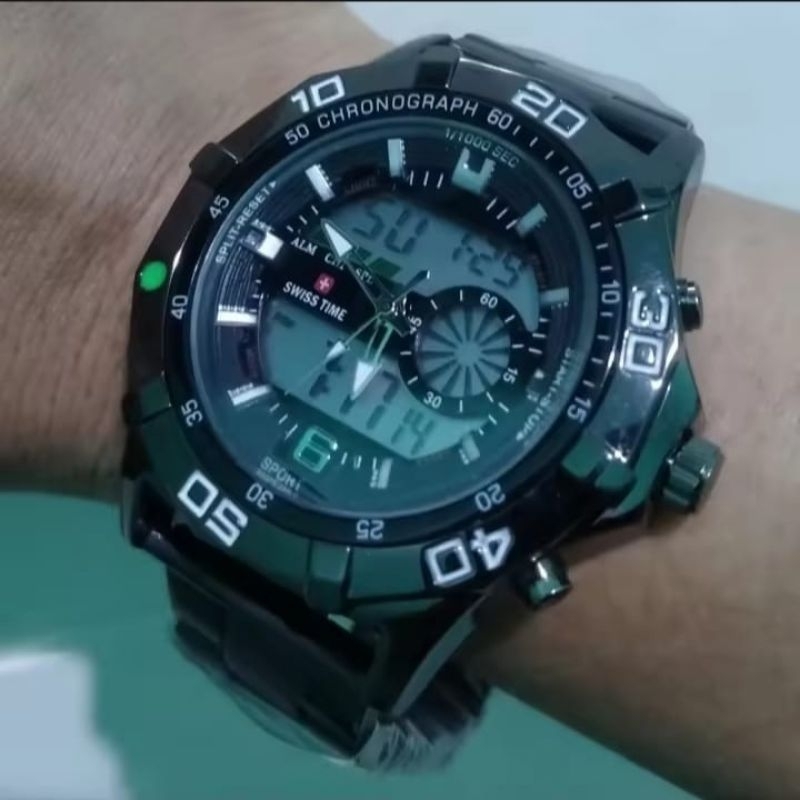 FREE BOX DAN BATERAI CADANGAN ORIGINAL SWISS-TIME ARMY FASHION DUAL TIME JAM TANGAN PRIA KEREN ANTI 