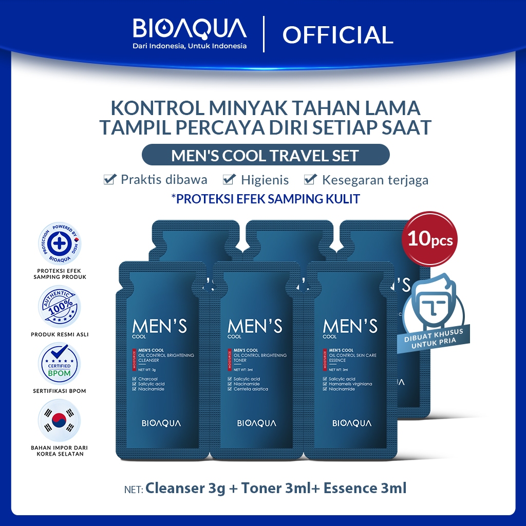 BIOAQUA Men's Cool Travelling SkinCare Set Praktis Dibawa Skincare Sample Size With Cleanser/Toner/E