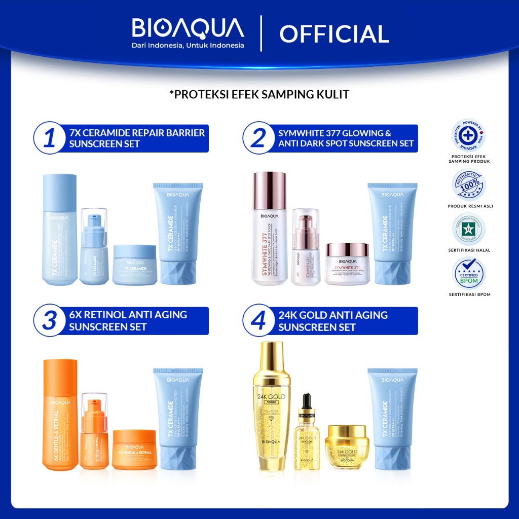 BIOAQUA 4pcs Skincare Paket With Sunscreen Wajah / Facial Wash Sabun Cuci Muka / Hydrating Toner Waj