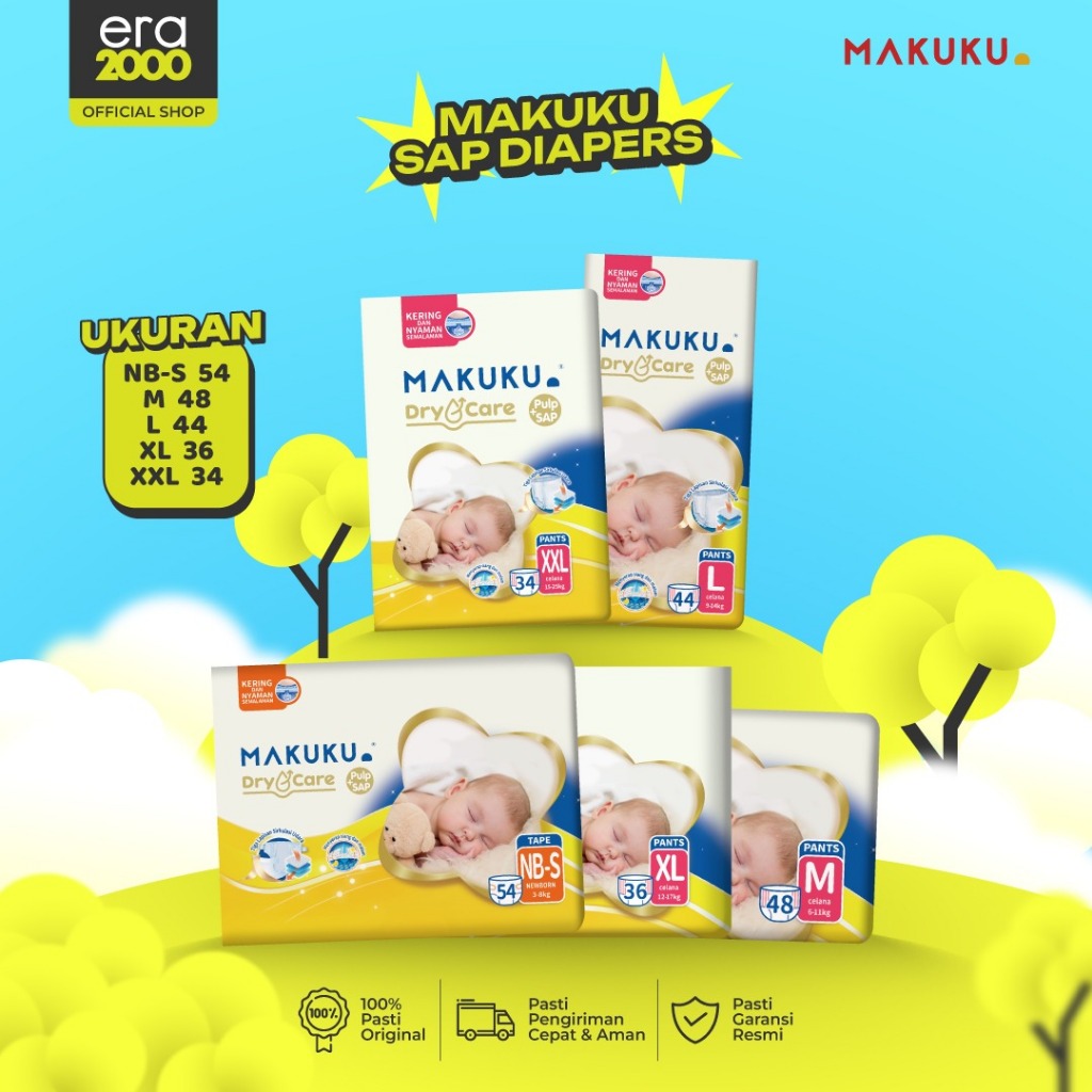 Era 2000 [2 PACK] MAKUKU SAP Diapers Dry Care NB-S38/M30/L28/XL24/XXL22 Popok Bayi Popok Anti Gumpal