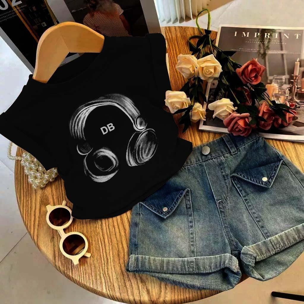 Setelan Jeans Anak Perempuan Set Anak Cewek Usia 1-5 Tahun Kaos Baju Anak Perempuan Motif Earphone V