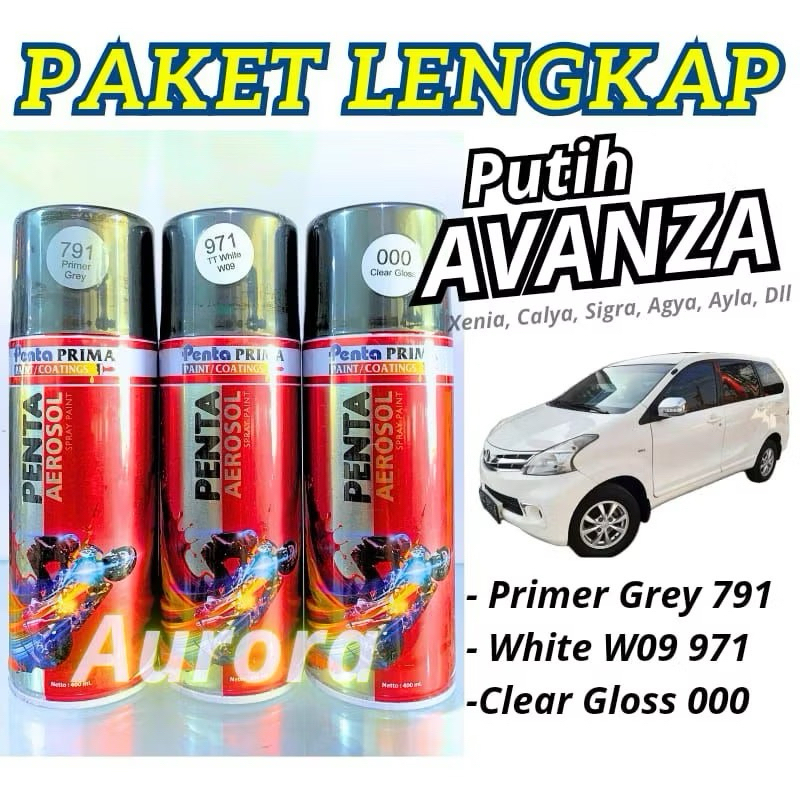 PAKET Penta Aerosol 971 White TT W09 Putih Avanza + Primer Grey 791 + Clear Gloss 000 / Cat Mobil To