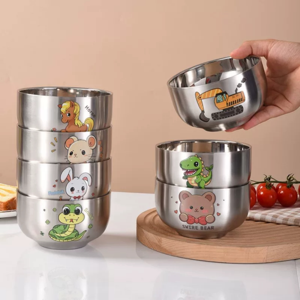 Mangkok stainless Shio ukuran besar plus tutup/Mangkok stainless  dua lapis karakter family
