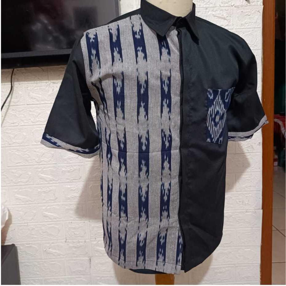 kemeja cowok pria keren lapis furing / etnik tenun jepara / hem dewasa hitam biru