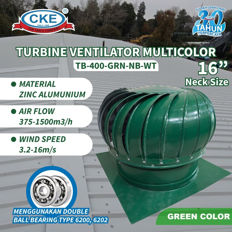 Turbin Ventilator Multicolor 16 Inch Green Color TB-400-GRN-NB-WT Ventilasi Atap Rumah Gedung Pabrik