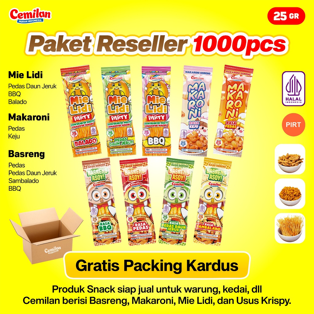 

Paket Usaha 1000pcs Reseller Snack Cemilan Murah Indonesia - Makaroni Basreng Mie Lidi - Food Halal Renyah Gurih Asin Goreng Pedas