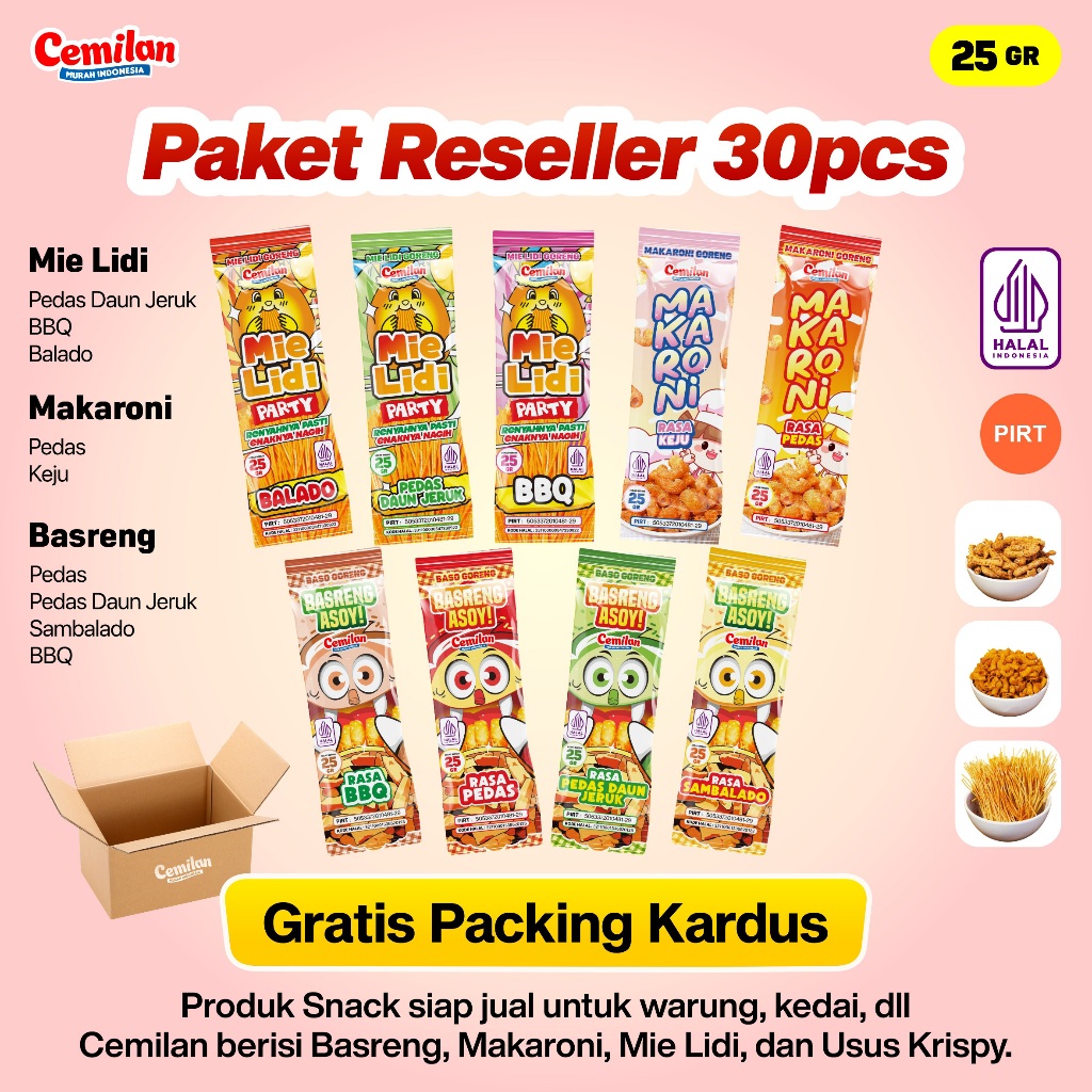 

Paket Usaha 30pcs Reseller Snack Cemilan Murah Indonesia - Makaroni Basreng Mie Lidi - Food Halal Renyah Gurih Asin Goreng Pedas