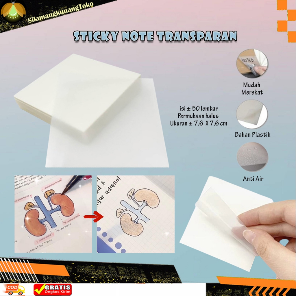

(SKN) Sticky Note Transparan Tahan Air - Stiky Notes 50 Lembar Untuk Gambar Sains Catatan Tempel Bening Tempelan Waterproof Clear Stiki Note Pad Best Stationary Note Pelajar
