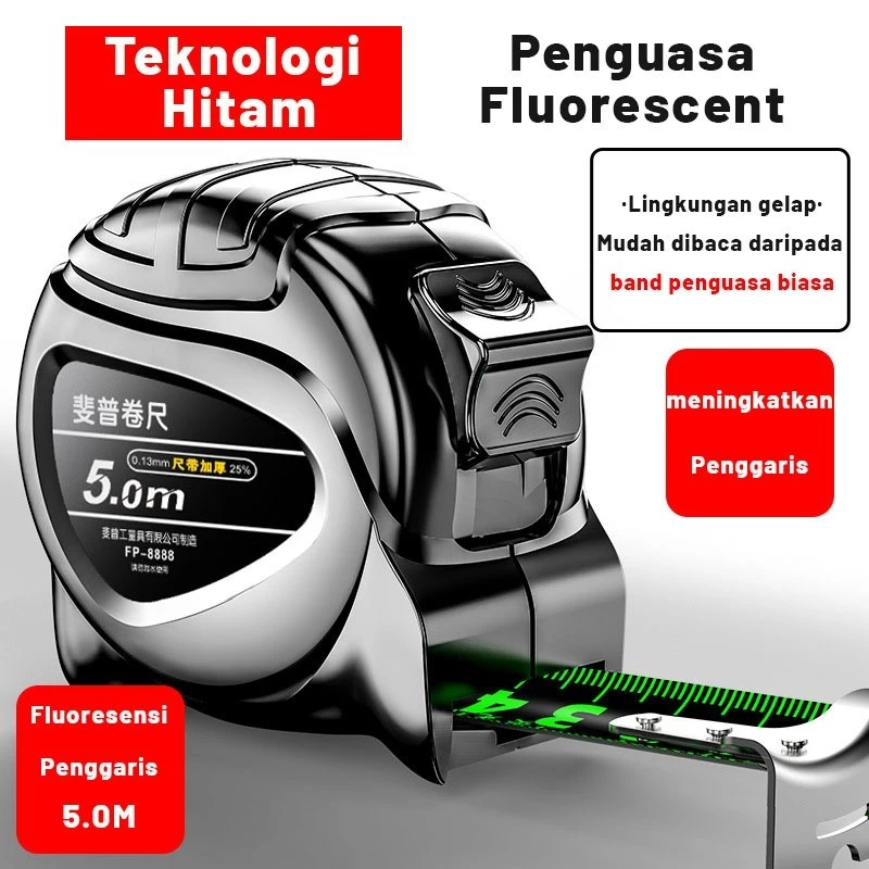 

5/10M Penggaris neon berteknologi hitam meteran anti karat dengan pita pengukur impor menebal penggaris Meteran Tukang