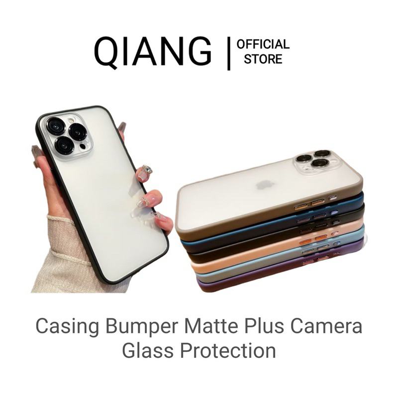 Qiang Case Matte Bumper Case + Camera Glass Protection iPhone 12 13 14 15 Plus Pro Max Pelindung Cam