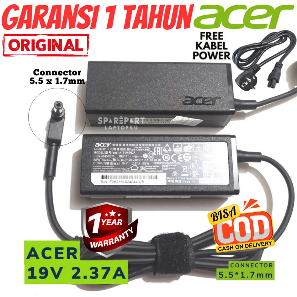 Cas Casan Charger Adaptor Laptop Acer Original Garansi Aspire ES E1 E5 V3 V5 Travelmate Series PA-14