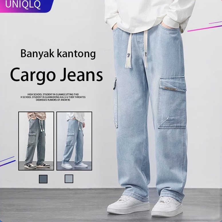 Banyak Dipakai Cargo Jeans Blue Celana Jeans Pria Original High Waist Celana Cargo Panjang Pria Jumb