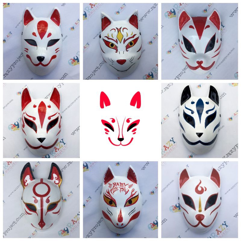 Kitsune Fox Rubah Kabuki Noh Teater Mask Topeng Kayu Cosplay Anime Jepang