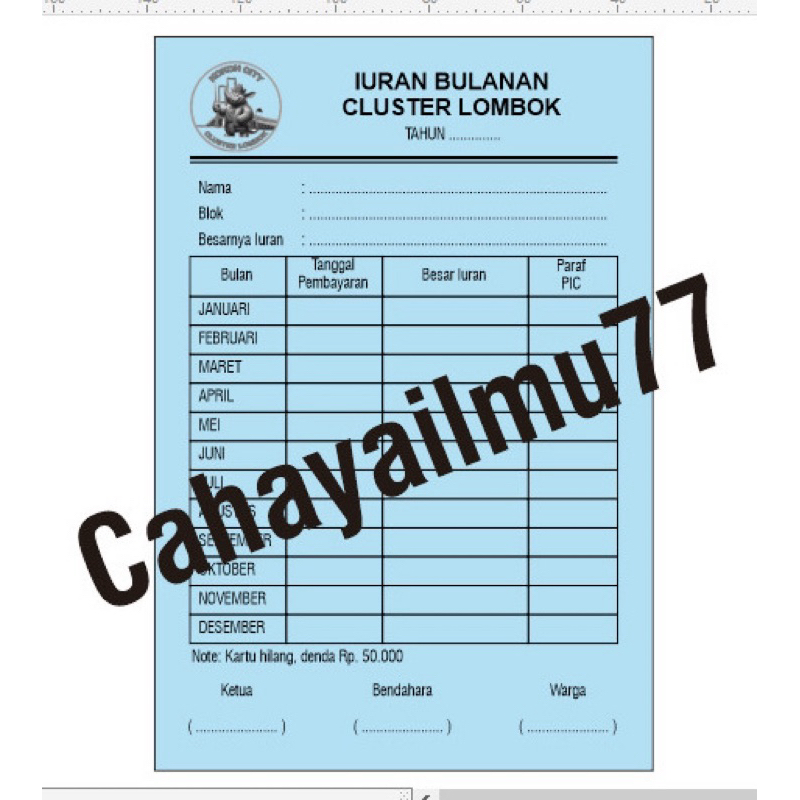 

Kartu Iuran Costum isi 50 pcs minimal pesan costum 10 pack