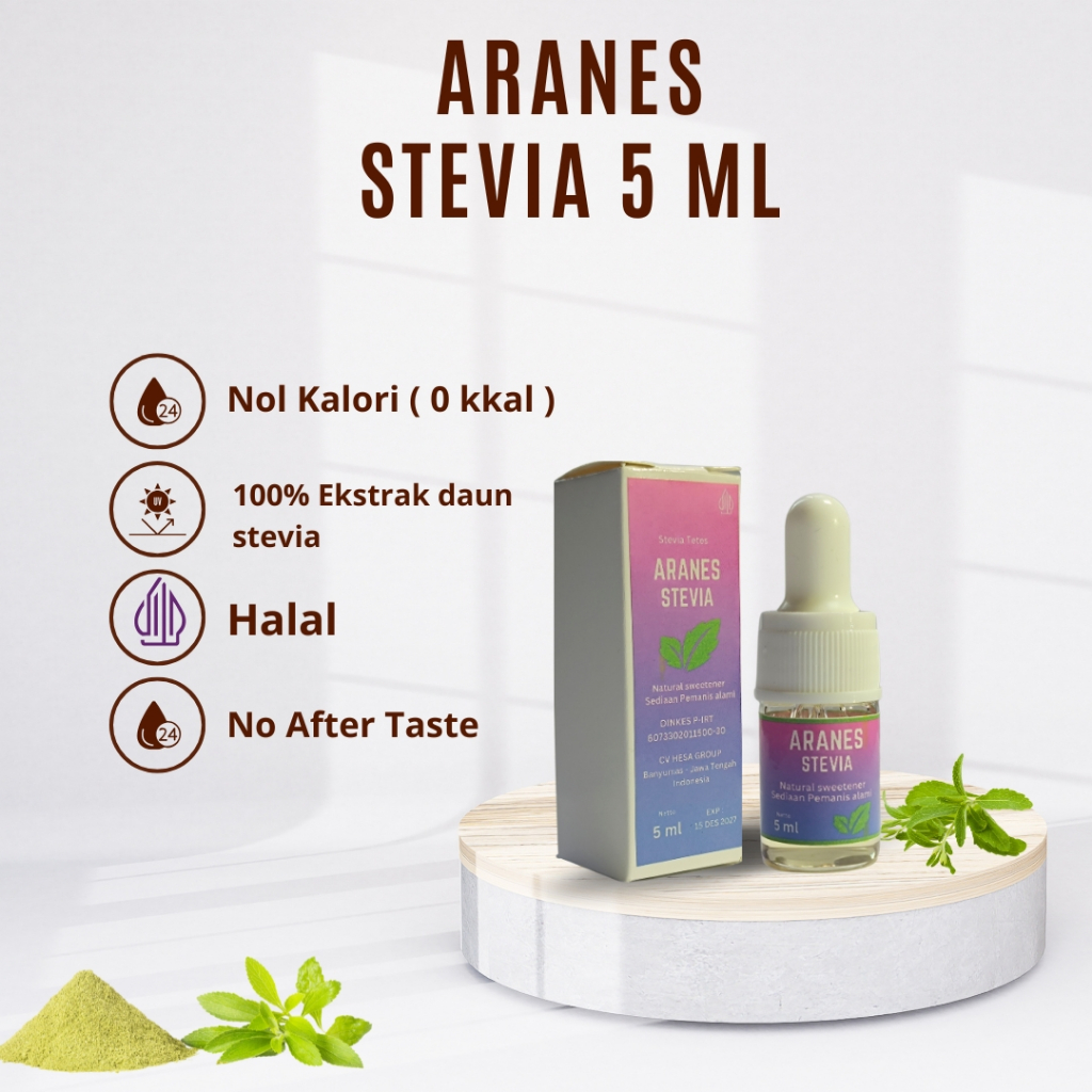 

Terlaris Aranes Stevia isi 5 ml Pemanis Alami Pengganti Gula Cair Tetes Stevia Sweetener 0 Kalori 0 Gula