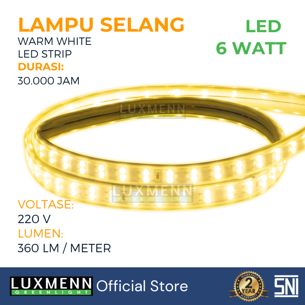 Luxmenn LED Lampu Selang 5050 220V, Seri SL2/6W, 6W/M, Warm White