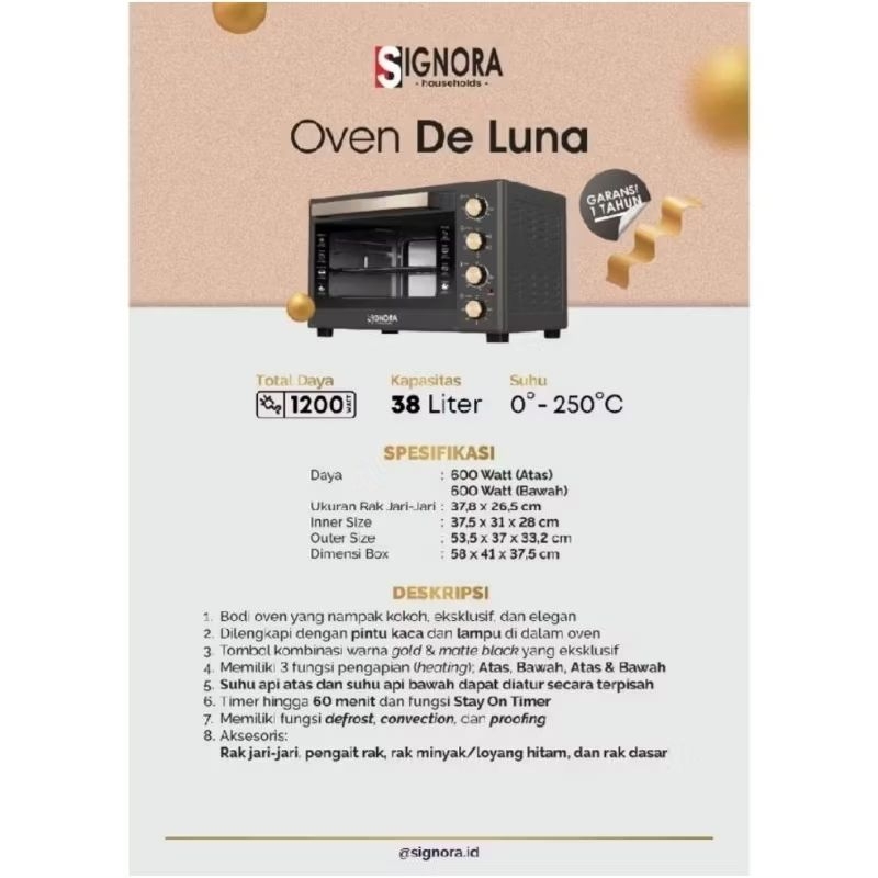 OVEN LISTRIK SIGNORA DE LUNA 38 LITER + FREE GIFT