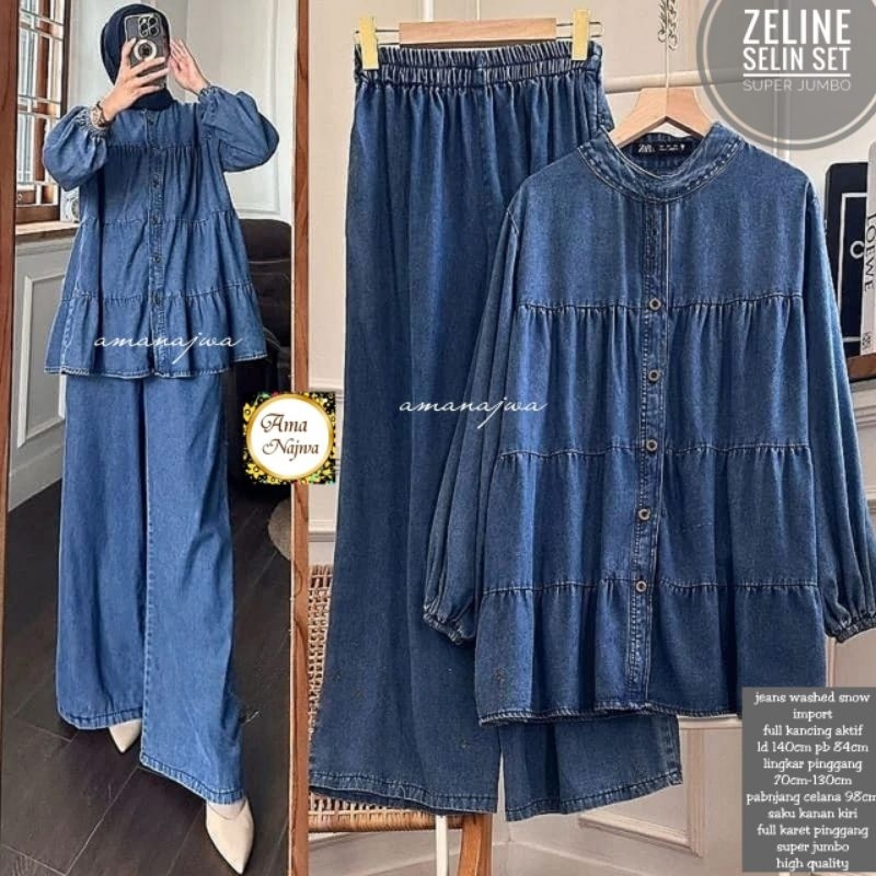 Zeline One Set Setelan Jeans Super Jumbo Blouse Celana Kulot Busui Kancing Aktif By Amj