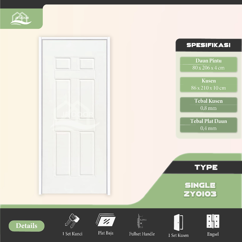 JR DOOR - (ZY0103/ZY0104) Full Set Pintu Plat Baja Anti Karat / Pintu + Kusen + Handle Anti Karat / 