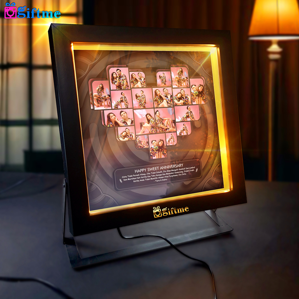 GIFTME Bingkai Foto 3D 8R Custom LED Stand Besi | Kolase Love - Kado Ultah Cewek Hadiah Anniversary