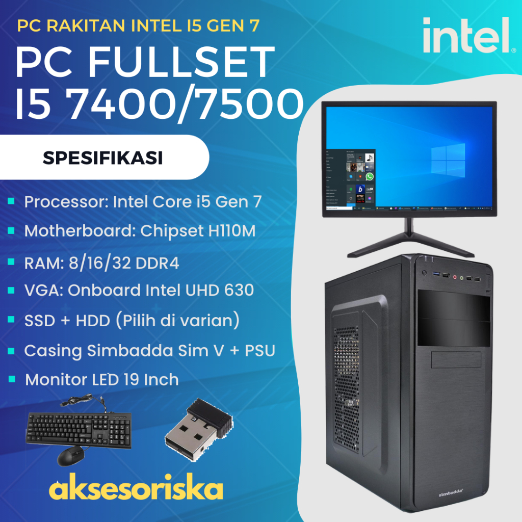 PAKET LENGKAP PC RAKITAN KOMPUTER KANTOR Intel Core i5 7500 MONITOR LED 19" PC Rakitan i5 Gen 7