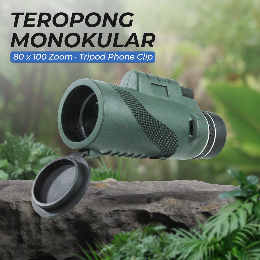 Teropong Monokular Zoom 80x100 with Tripod Phone Clip Hp Hiking Camping Teleskop Fokus Lensa Mata