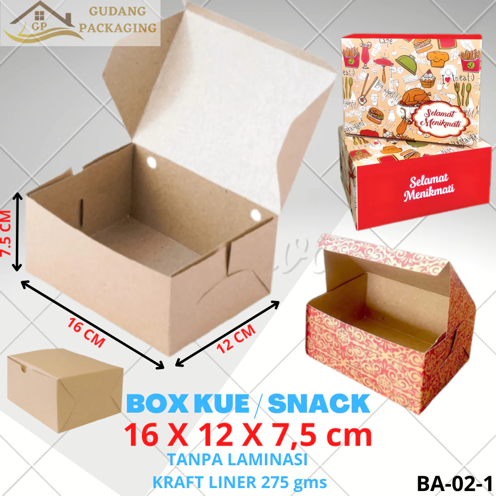 

BOX DUS KARDUS KOTAK NASI ROTI KUE SNACK KETRING TEBAL 275gsm 16x12x7,5 cm FOOD GRADE