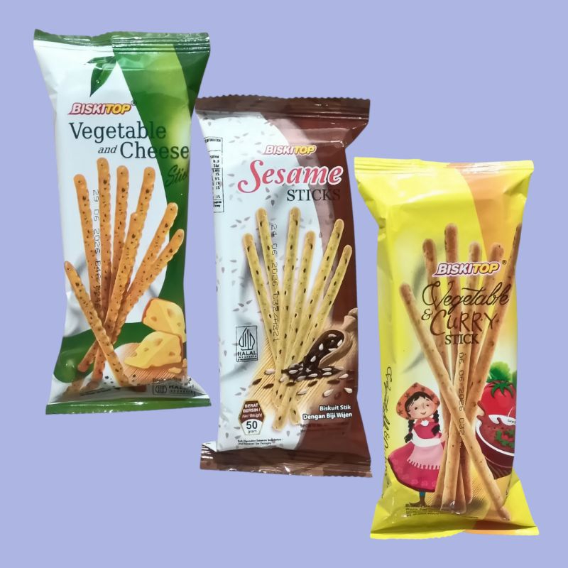 

Biskitop Vegetable Sesame, Curry & Cheese Biscuit Stick 50gr