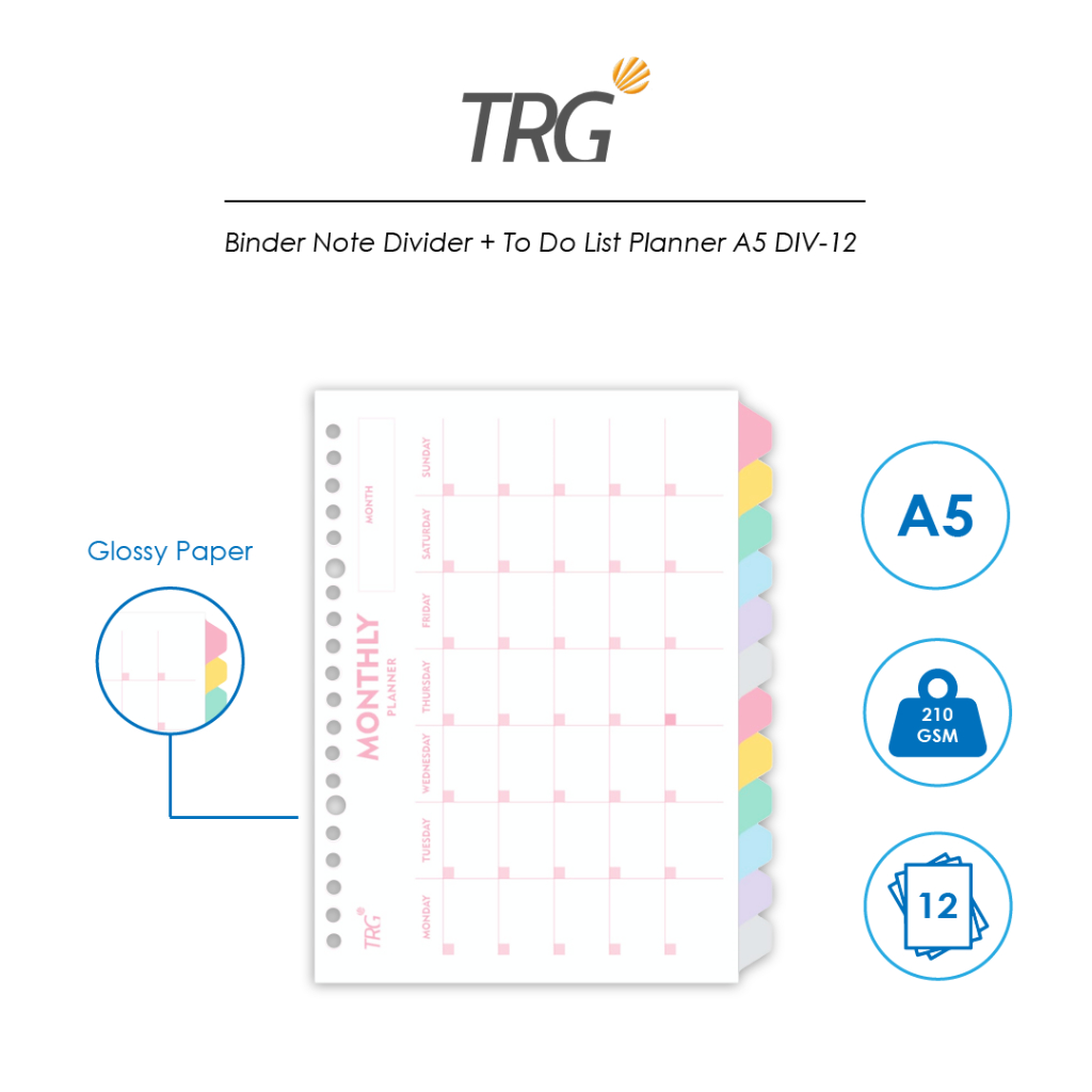 

TRG Pembatas Binder Note Loose Leaf A5 DIV-12 - Monthly Planner To Do List Divider Paper 20 Holes 12 Tab TRG