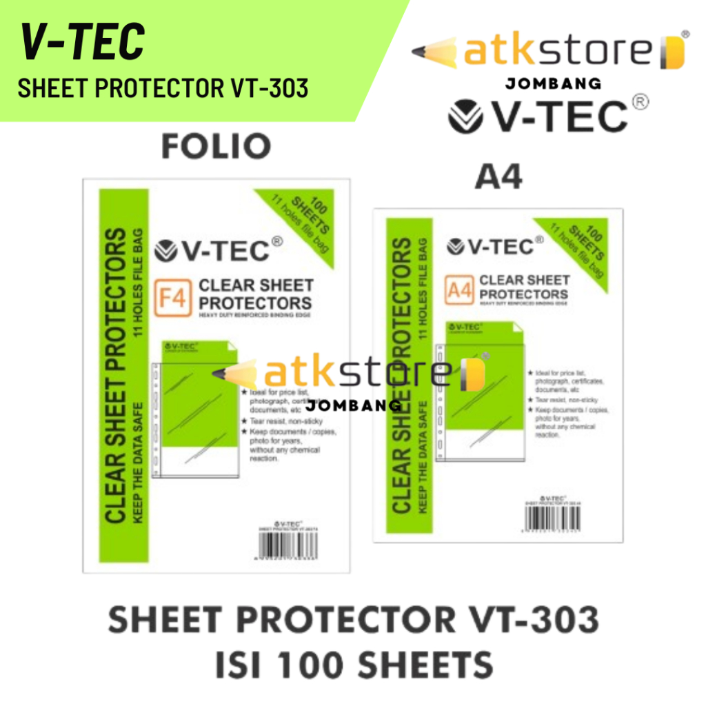 

V-TEC SHEET PROTECTOR VT-303 (100LBR) / V Tec Sheet Protector Pelindung A4 F4 / Folio