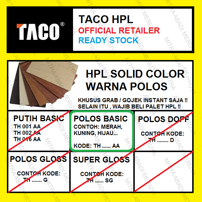 TACO HPL WARNA POLOS / SOLID COLOR KODE AA - SOLID AA