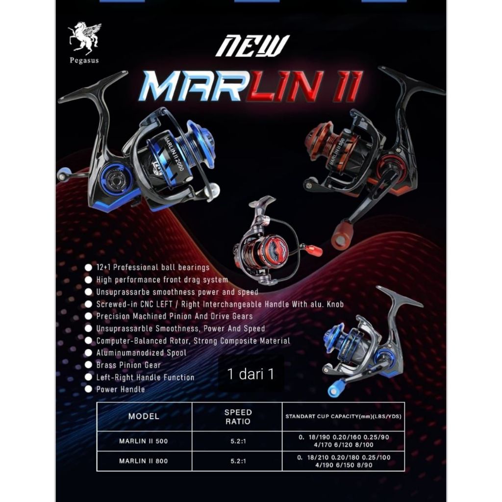 REEL POWER HANDLE PEGASUS NEW MARLIN II,  12 BALL BEARING WARNA RANDOM (RED/BLUE)