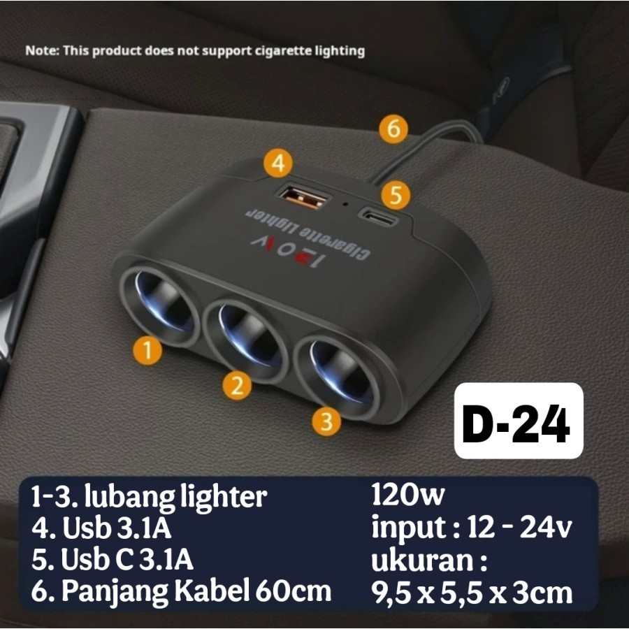 Socket Lighter Mobil Extension 120W USB C Fast Charger QC3.0 Splitter Lighter