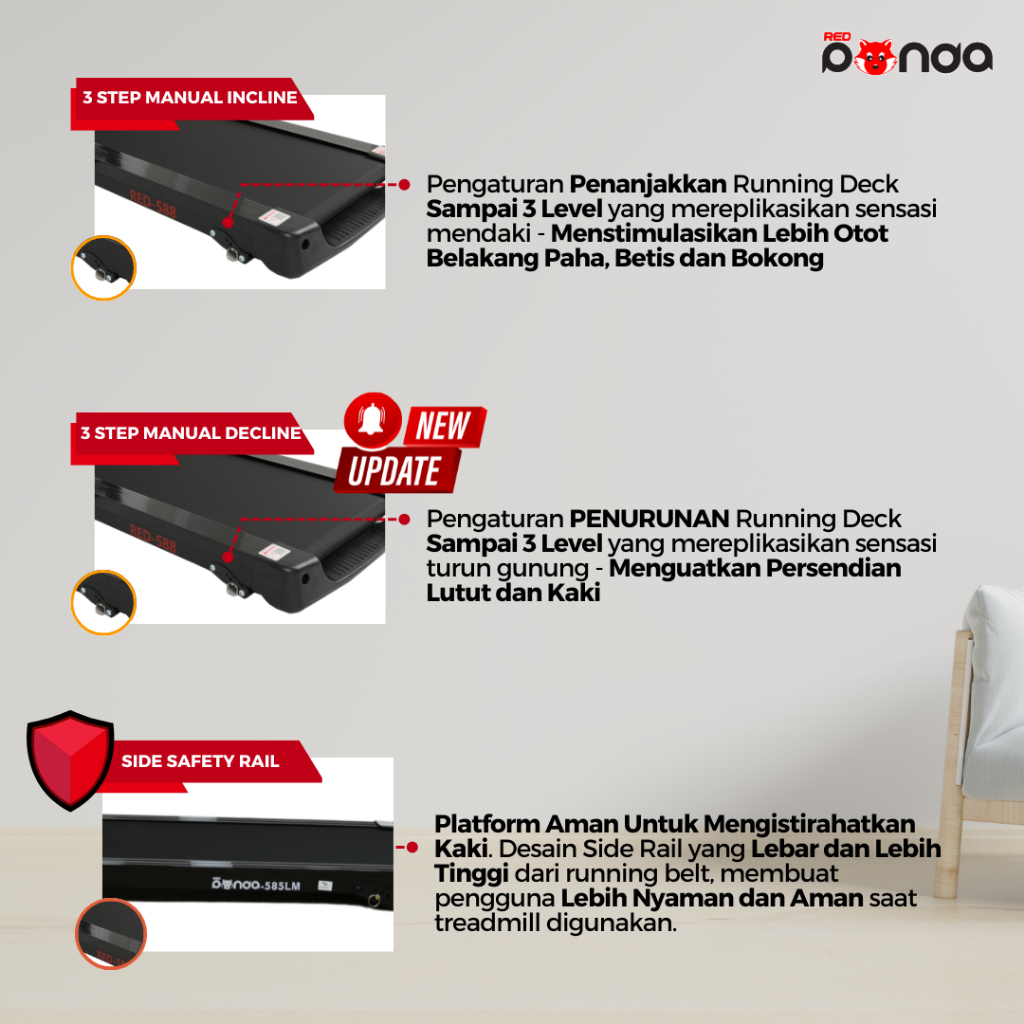 Ready Stock Treadmill Elektrik REDPANDA 585LM Multifungsi Listrik Lipat Portable Low Watt Fitness