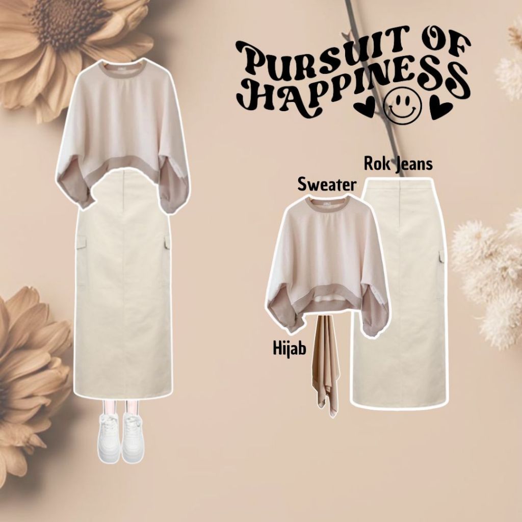Outfit Wanita Hijab ( sweater + rok cargo + hijab ) OOTD Korean Style Kekinian