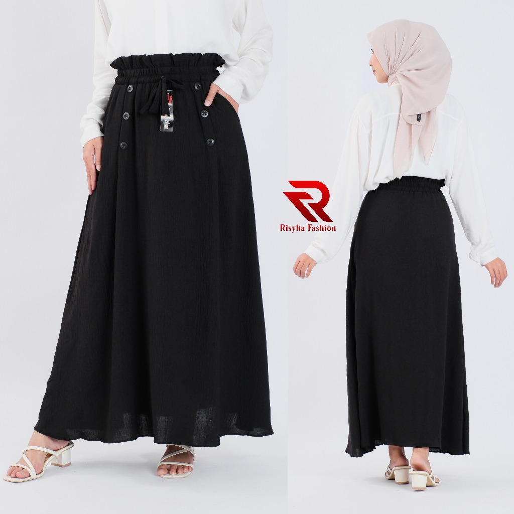 Risyha Rok Panjang Crinkle Polos Warna Hitam