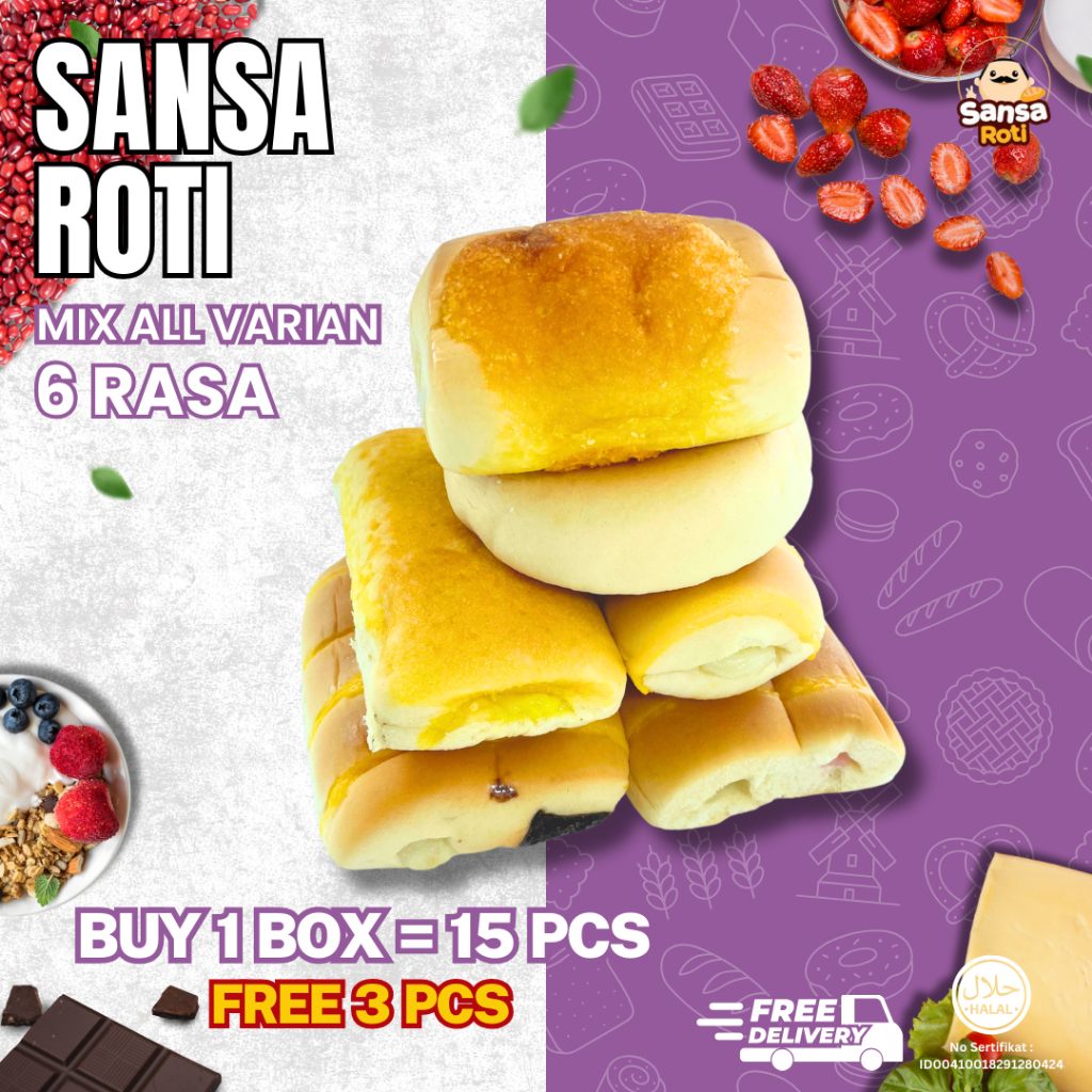 

Sansa Roti CAMPUR MIX Semua Rasa (6 Rasa) isi 15 Pcs + 3 | Snack Roti Mix Variant Tekstur Lembut Halal