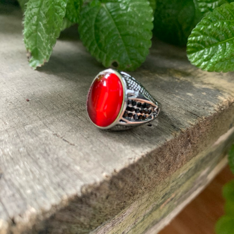 Cincin Pria Batu Akik Red Cat Eye Merah Menyala Ring Simple Elegan Turkish Kantoran