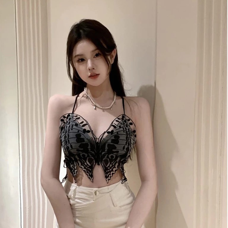 Butterfly Bra Sexy Include Cup Fashion Wanita Tanpa Kawat Motif Kupu-Kupu BH Crop Seksi Import Premi