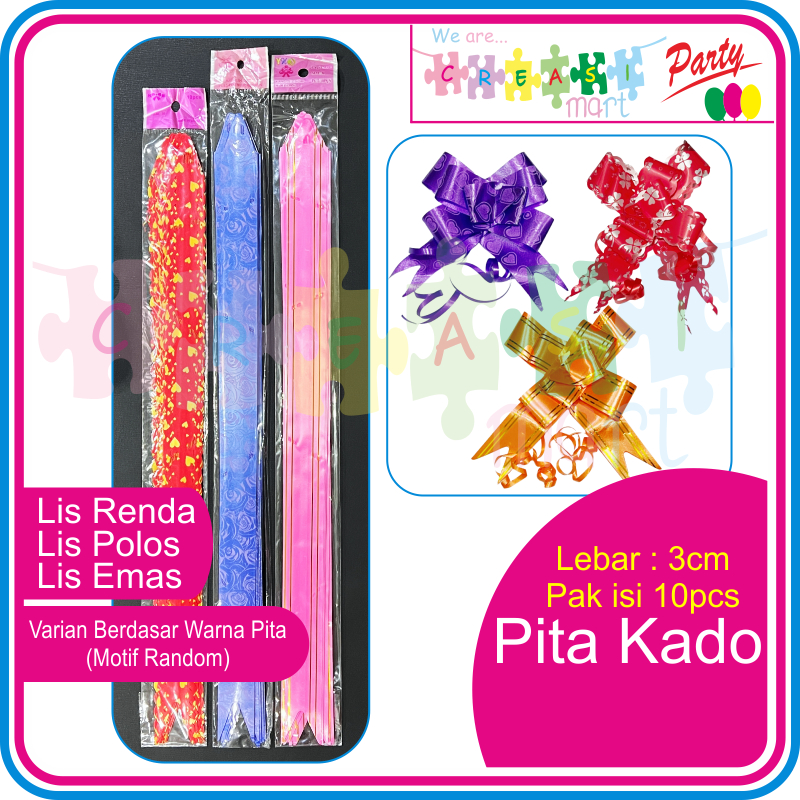 

Pita Kado / Pita Tarik Lebar 3cm Pak isi 10pcs Pita Serut Banyak Motif & Warna Berkualitas