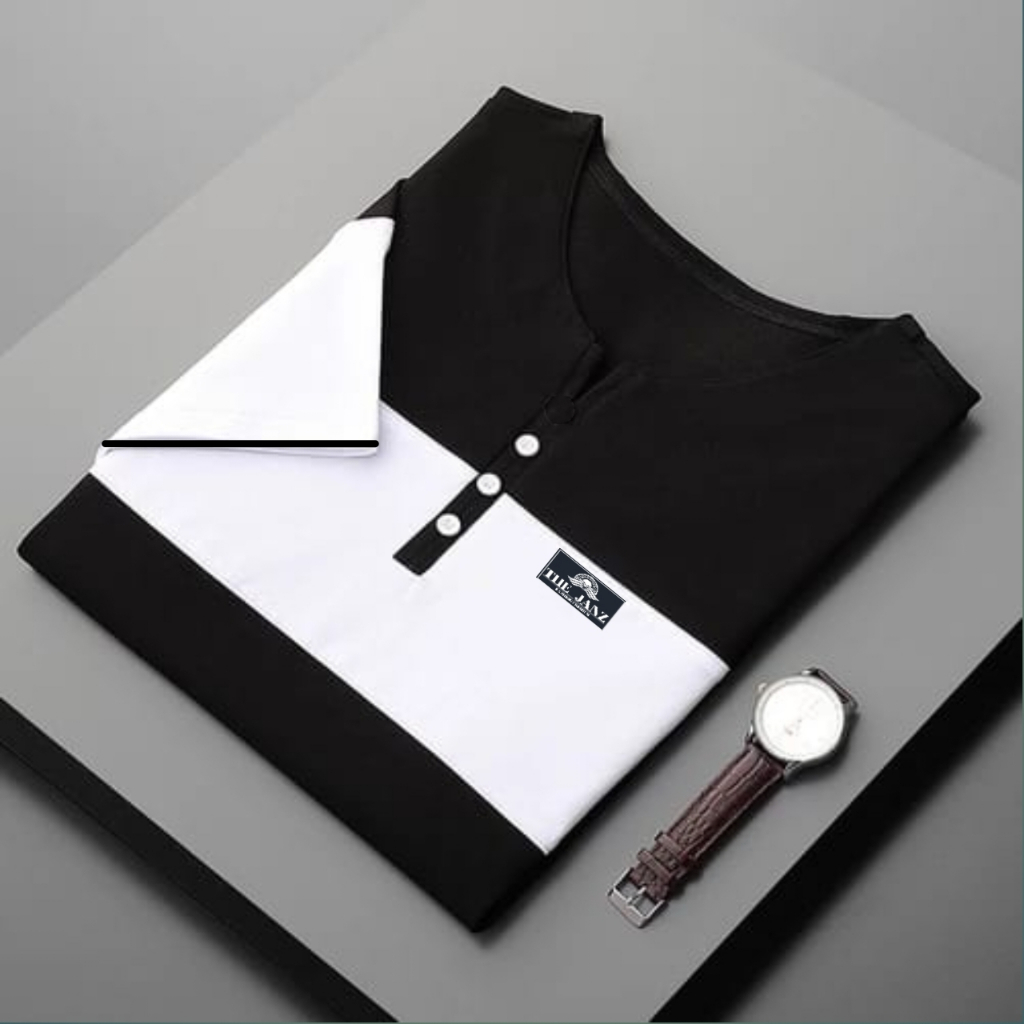kaos distro pria kerah V neck  lengan pendek kombinasi /baju kaos pria terbaru kerah v neck