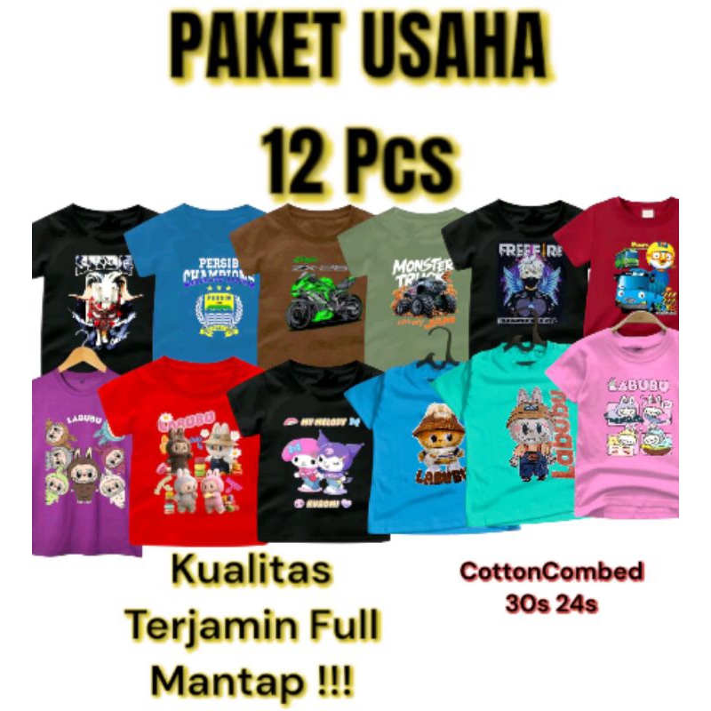 paket usaha hemat 12pcs kaos Anak 1-9th termurah katun Combed 24s 30s