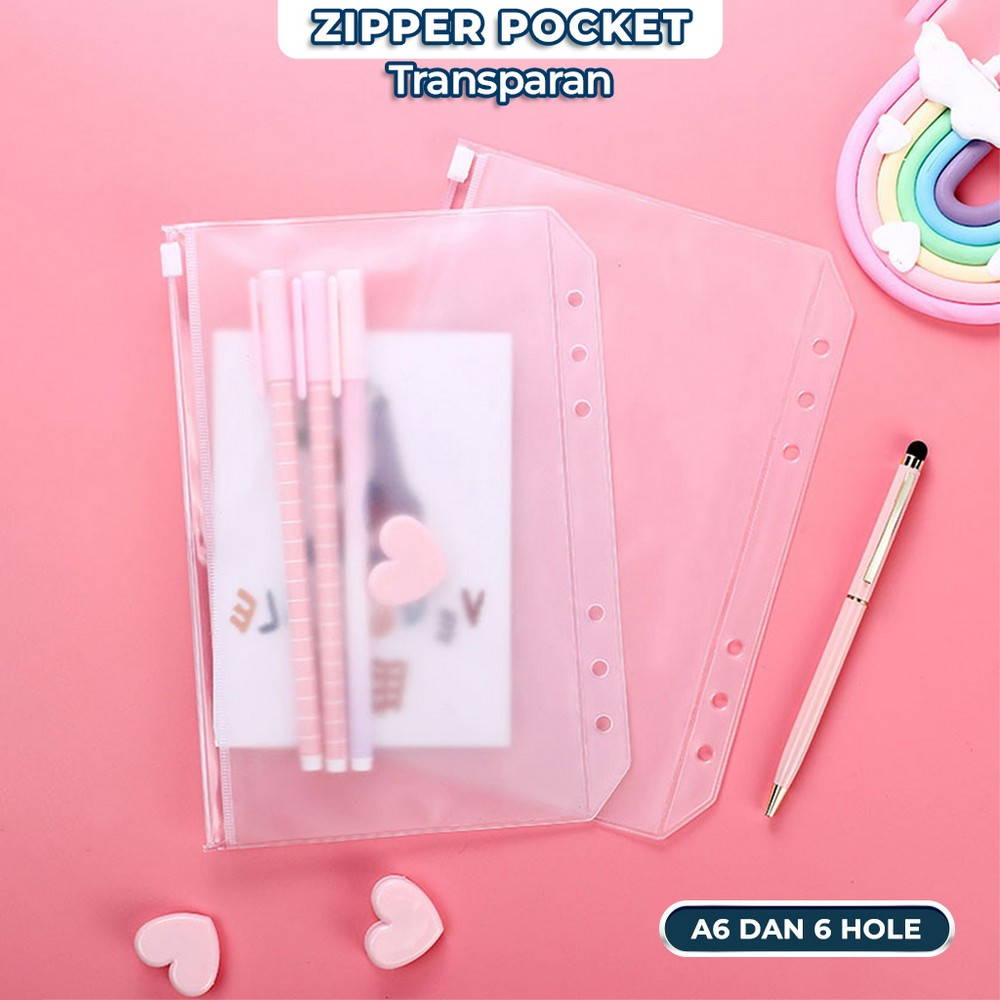

Zipper Pocket Binder A6 Transparan 6 Hole / Transparent Hand Book Bags Ziplock A6 Pouch Tempat Uang Stockami C1105