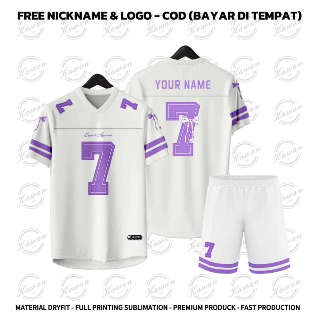 JERSEY COQUETTE RIBBON KOREA PUTIH UNGU/FUTSAL/VOLI/ZUMBA/RUNING/COSTUME NAMA