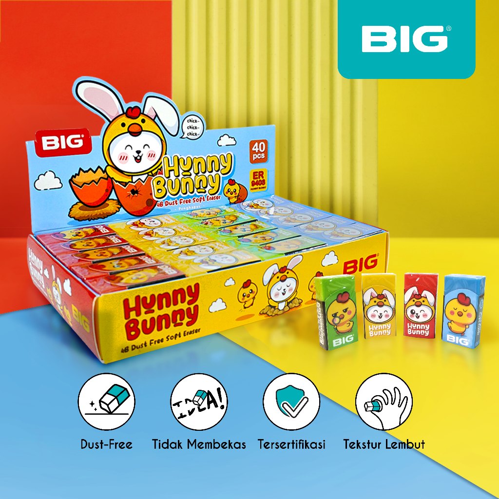 

40 Pcs BIG Penghapus / Eraser Pensil Warna Warni Kecil Dust Free Hunny Bunny Series ER-9403HB