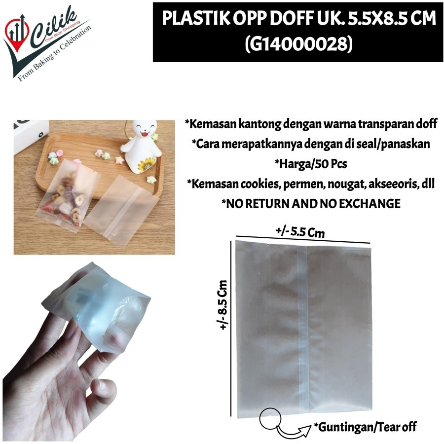 

plastik+kantong+opp+transparan+warnaclear+doff+polos+size+5.5x8.5cm+7x12cm+9x11.5cm+10x13.5cm+11x15cm+9x15cm+lepit+kemasan+packaging+pouch+cookies+kue+permen+souvenir+gift+kado+aksesoris+nougat+moncake+snack+jajanan+dessert+coklat