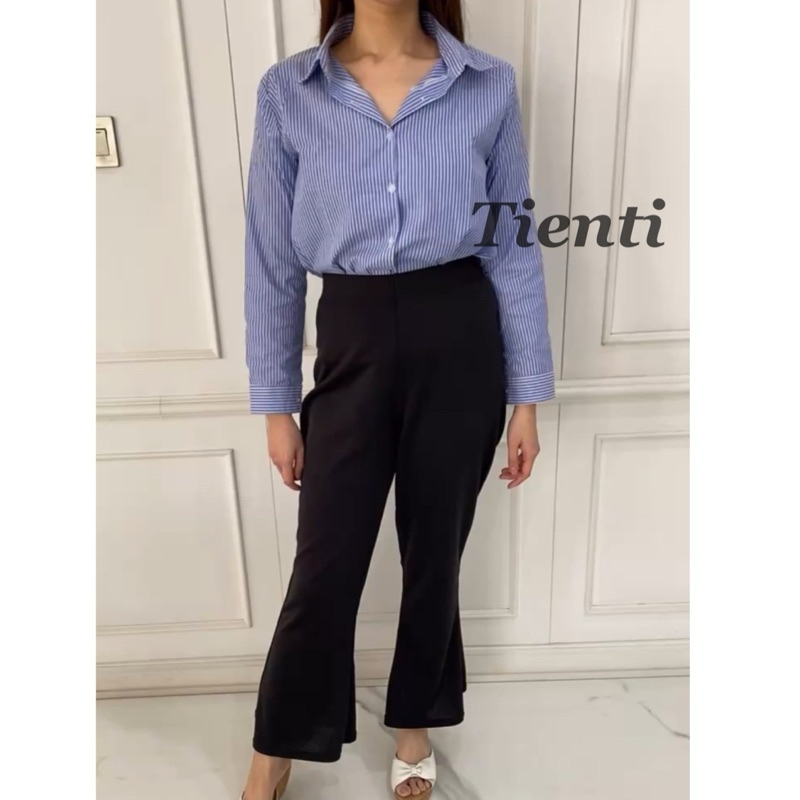 Kemeja Garis Lengan Panjang Hitam Wanita salur shirt - kulot celana kain cutbray